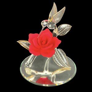 Glass Baron Hummingbird on Red Rose Figurine 22Kt Gold & Crystal Accents